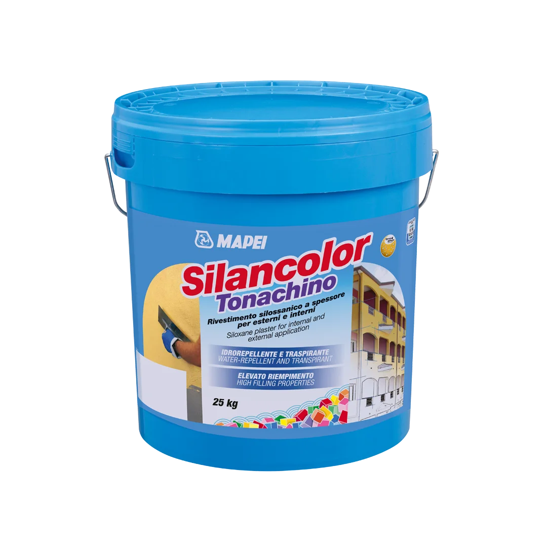 Mapei Silancolor Tonachino 25kg siloxane plaster for interior and exterior walls, breathable and water-repellent decorative wall finish in blue bucket
