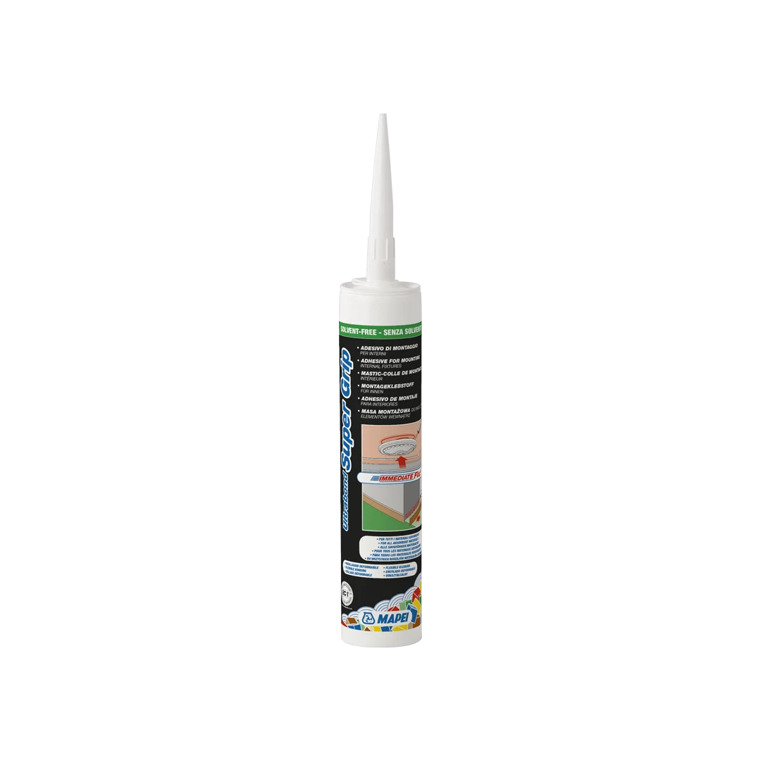 ULTRABOND SUPER GRIP high-strength white acrylic adhesive for bonding PVC, wood, trims, panels, and profiles on absorbent construction substrates."