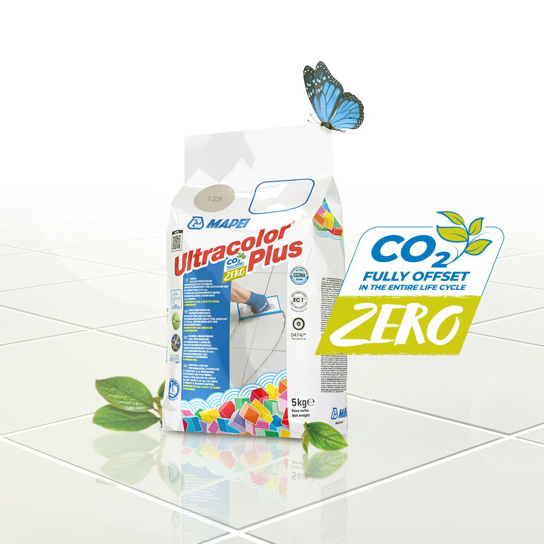 Ultracolor Plus fast-setting coloured tile grout with mould resistance, water repellency, and offset CO₂ emissions