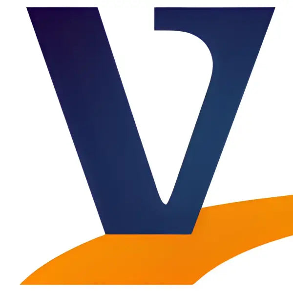 Dark blue letter V with orange curved line for VIP QuickPrime 2K Epoxy CF product