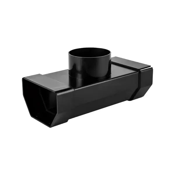 Black plastic gutter downspout adapter with round outlet for Waterguard Extended Jetting Eye