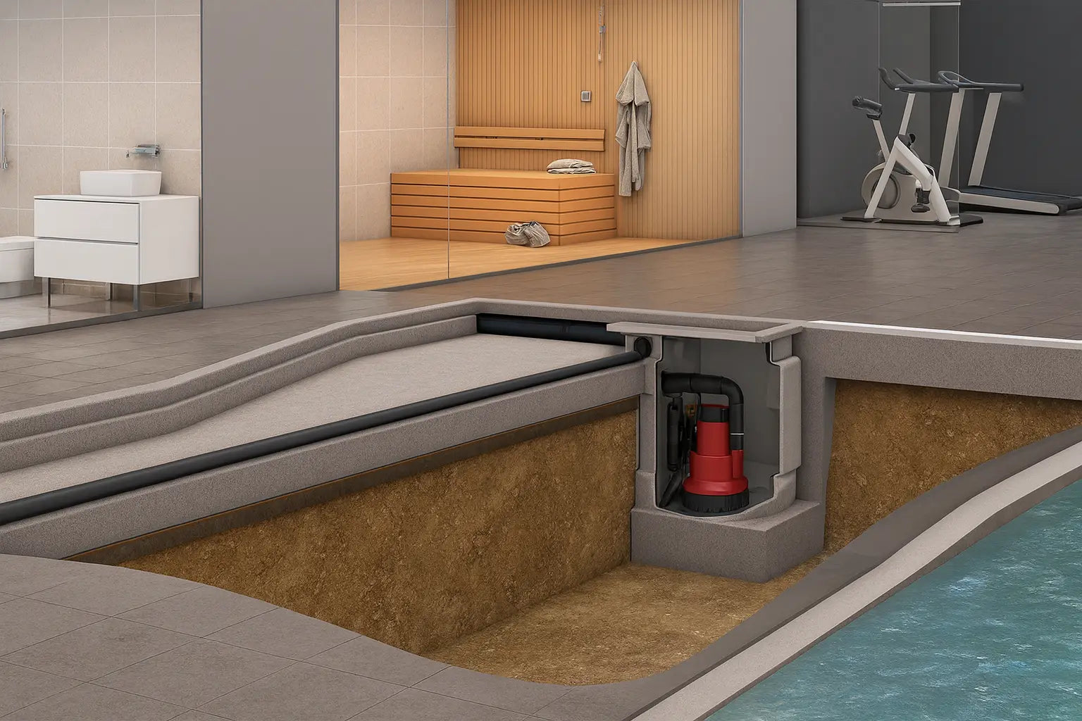 Waste water pumping system for basements and drainage, featuring sump pumps, drainage pipes and waterproofing solutions from Edincare, Newton and Wykamol