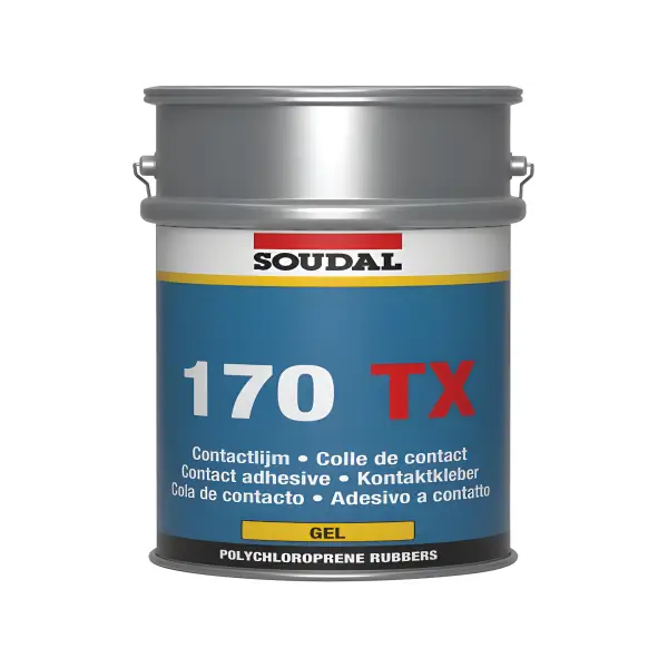 Metal container of Soudal 170 TX Contact Adhesive Gel for industrial use