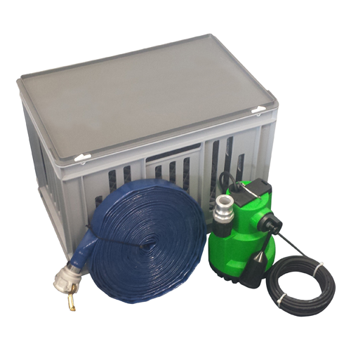 Edincare Flood Pump Kit Model 2203 for efficient floodwater removal from basements and low-lying areas. Includes 20m hose, filter tank, and quick-release coupling