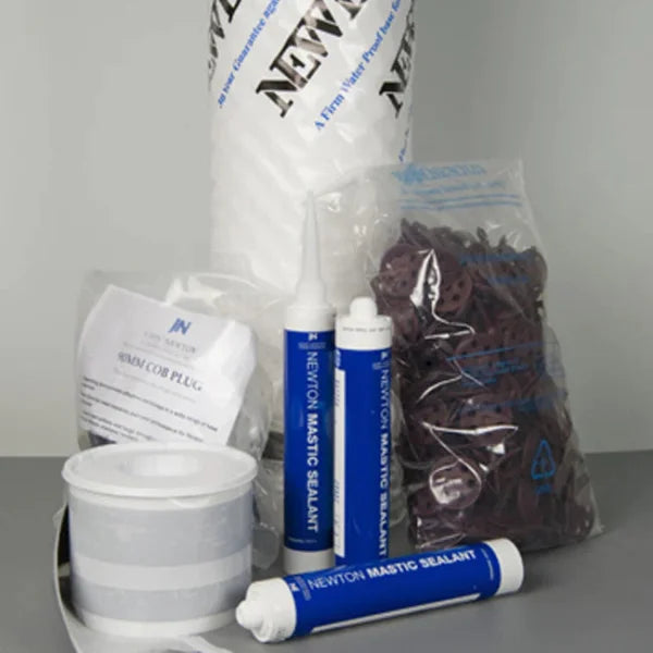 Newton Damp Proofing Packs contain one roll of meshed membrane and all the accessories required for standard installation: fixing plugs, mastic and tape.