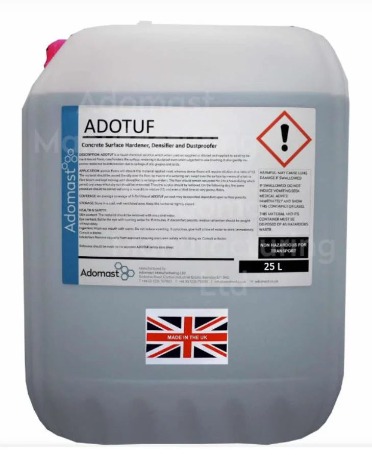 Adotuf concrete surface hardener and dustproofer for industrial, commercial and warehouse concrete flooring.