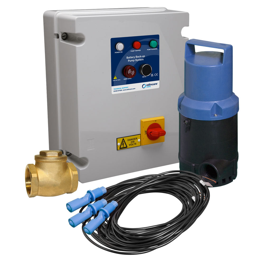 Edincare 2198 24V battery backup pump system with control panel, backup pump, float switches and non-return valve for groundwater and stormwater pumping.