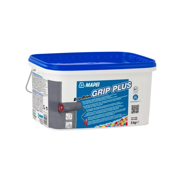 Applying ECO PRIM GRIP PLUS with a roller on smooth ceramic tiles to promote adhesion for levelling compound