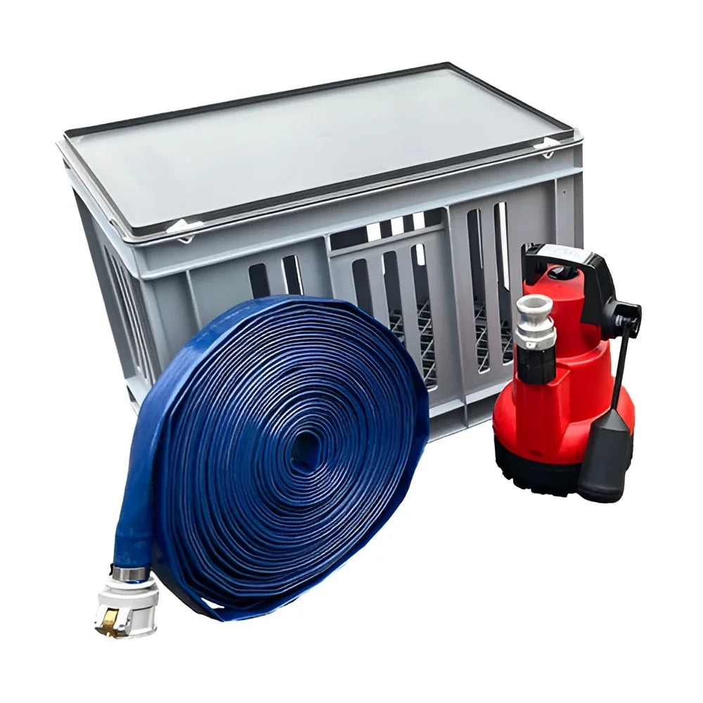 Edincare Flood Pump Kit Model 2203 for efficient floodwater removal from basements and low-lying areas. Includes 20m hose, filter tank, and quick-release coupling