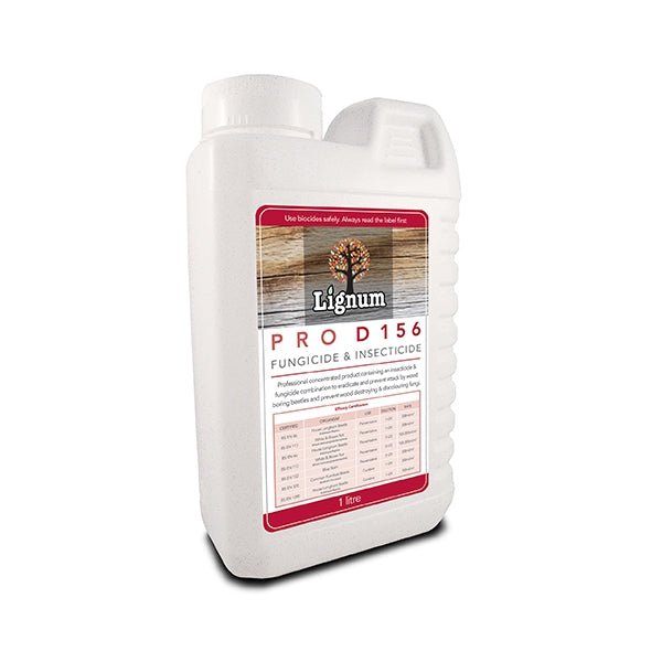 Lignum PRO D156 Professional, concentrated timber treatment for the eradication and prevention of wood boring beetles and wood destroying and discolouring fungi.