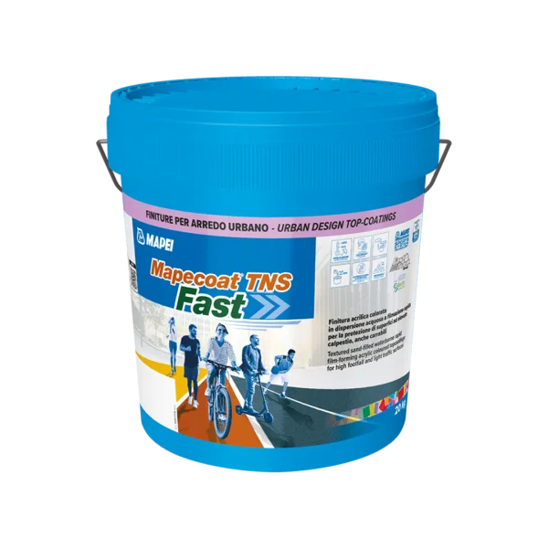 MAPECOAT TNS FAST being applied to a cycle track with a roller, showing smooth, colorful finish ideal for heavy foot traffic and outdoor surfaces
