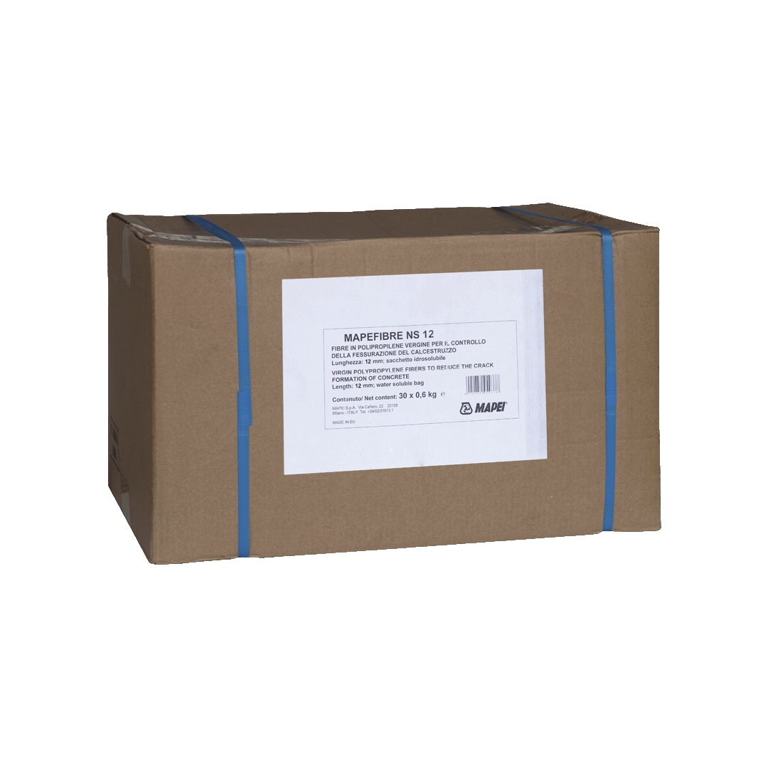 "MAPEFIBRE NS12 mono-filament polypropylene fibres for concrete, improving durability and cracking resistance, suitable for industrial floors, car parks, and precast concrete.