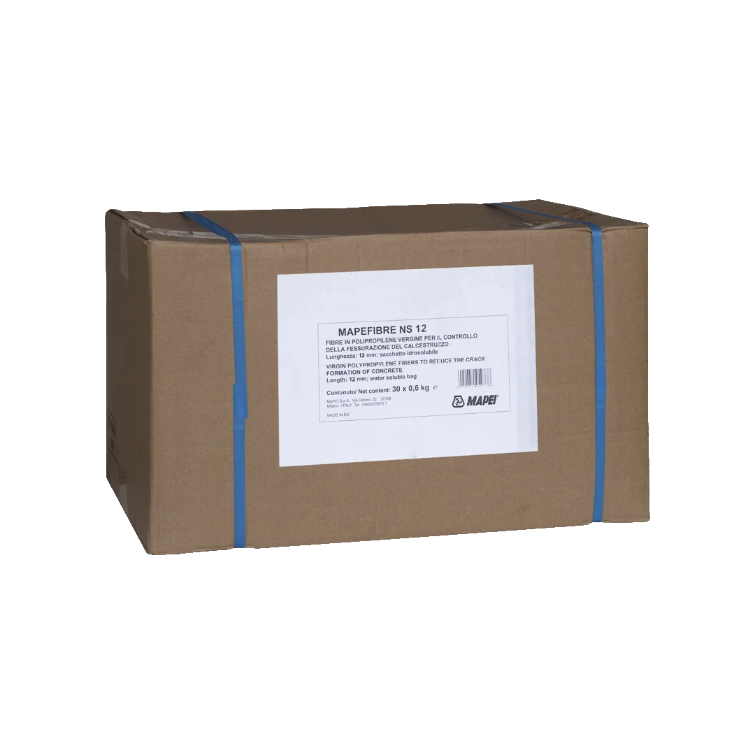 "MAPEFIBRE NS12 mono-filament polypropylene fibres for concrete, improving durability and cracking resistance, suitable for industrial floors, car parks, and precast concrete.