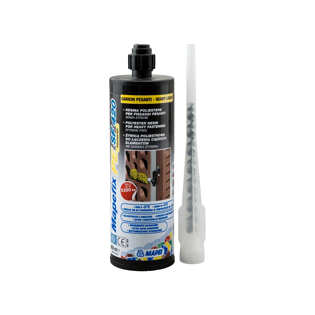 "MAPEFIX PE SF styrene-free polyester resin fastener for heavy load applications, with rapid curing and high load-bearing capacity for various substrates."