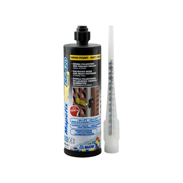 "MAPEFIX PE SF styrene-free polyester resin fastener for heavy load applications, with rapid curing and high load-bearing capacity for various substrates."