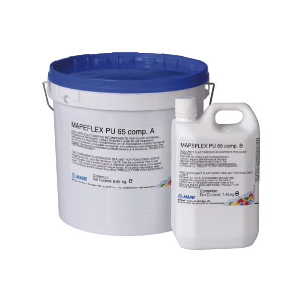 "MAPEFLEX PU65 two-component polyurethane sealant for road joints, black pourable sealant mixable with quartz sand and catalyst for durable heavy-duty sealing."