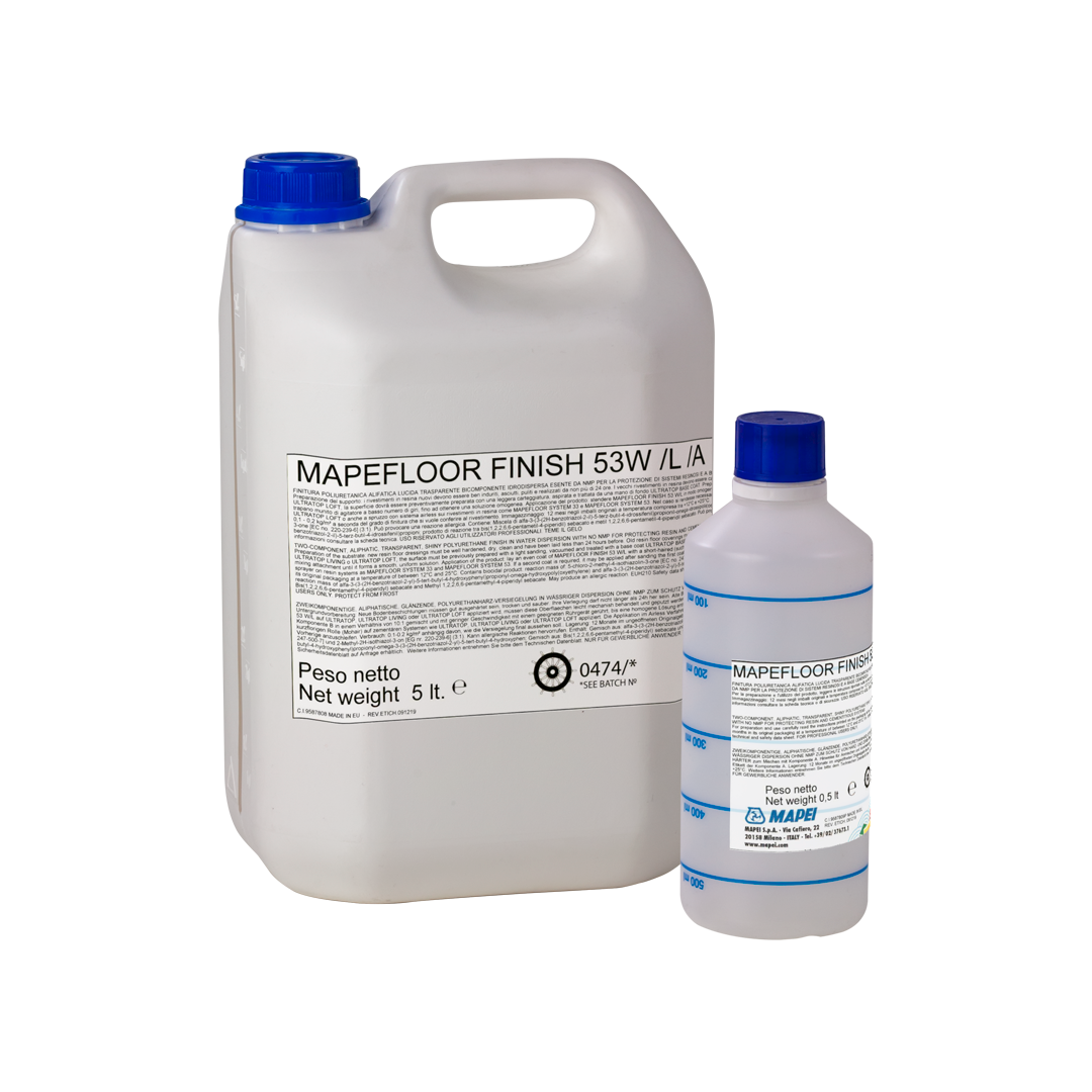 "MAPEFLOOR FINISH 53 W/L two-component, transparent polyurethane finish in water dispersion, offering glossy, durable protection for resin systems with fast drying and no NMP."
