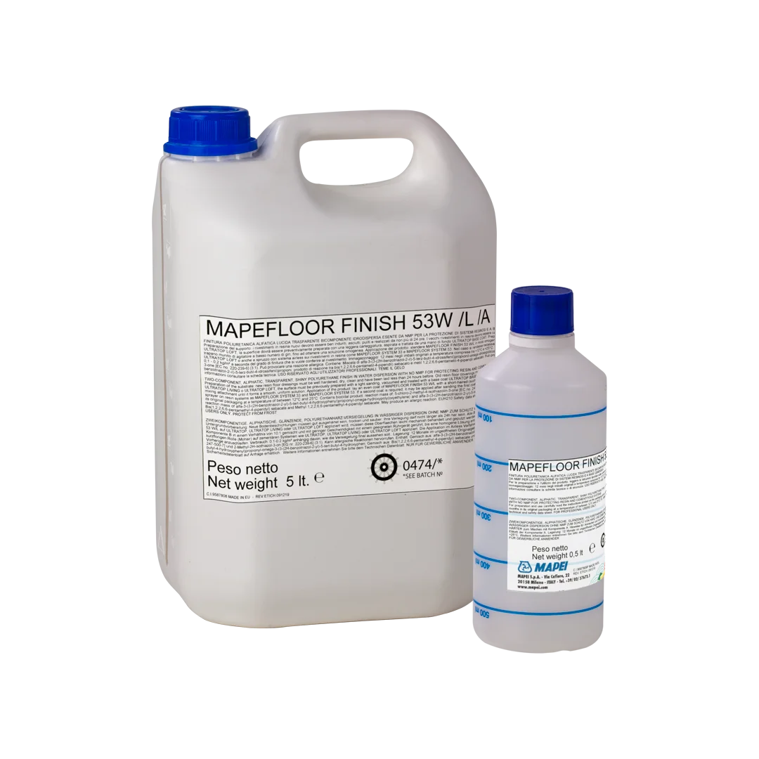 "MAPEFLOOR FINISH 53 W/L two-component, transparent polyurethane finish in water dispersion, offering glossy, durable protection for resin systems with fast drying and no NMP."