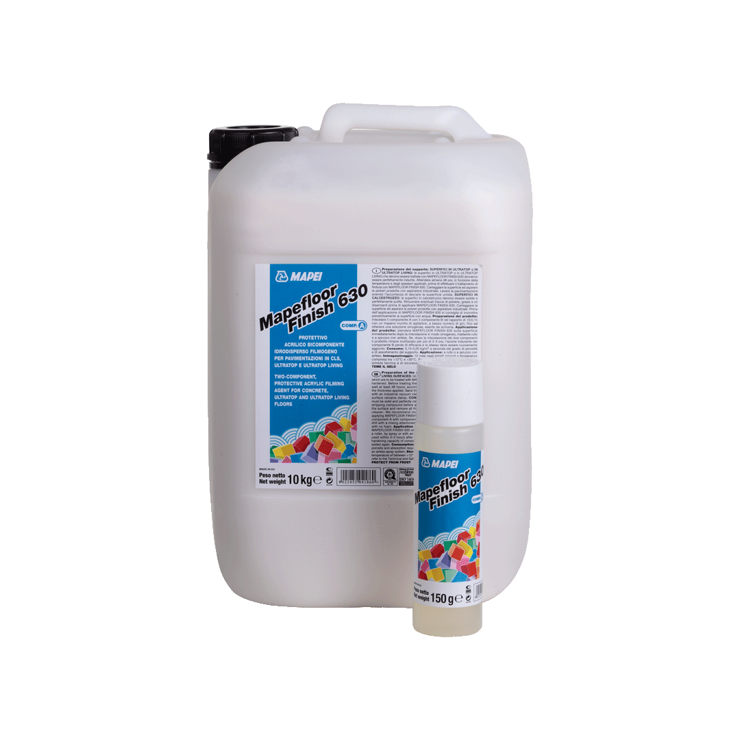 "MAPEFLOOR FINISH 630 two-component acrylic filming agent in water dispersion for concrete and ULTRATOP floors, providing abrasion-resistant and durable protection."