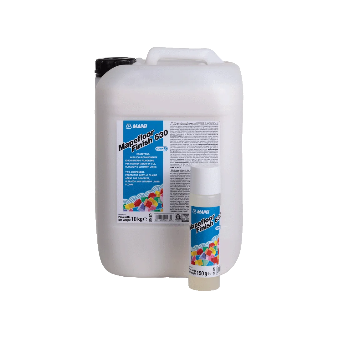 "MAPEFLOOR FINISH 630 two-component acrylic filming agent in water dispersion for concrete and ULTRATOP floors, providing abrasion-resistant and durable protection."