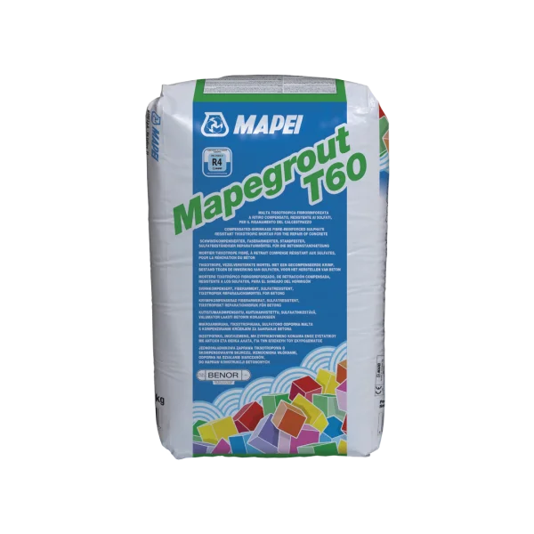 Mapei Mapegrount T60 25kg Bag, a sulphate-resistant, thixotropic fibre-reinforced mortar for repairing concrete, ideal for structural repairs and exposed environments