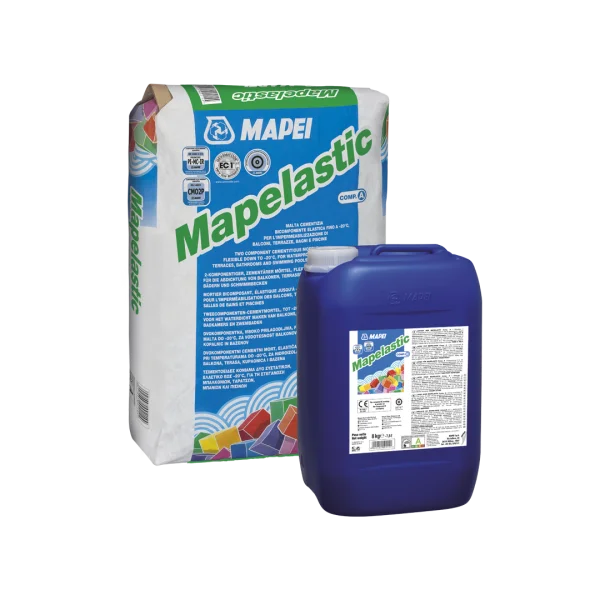 Mapei Mapelastic two-component flexible cementitious waterproofing mortar – 24kg powder bag and 8kg liquid tank packaging