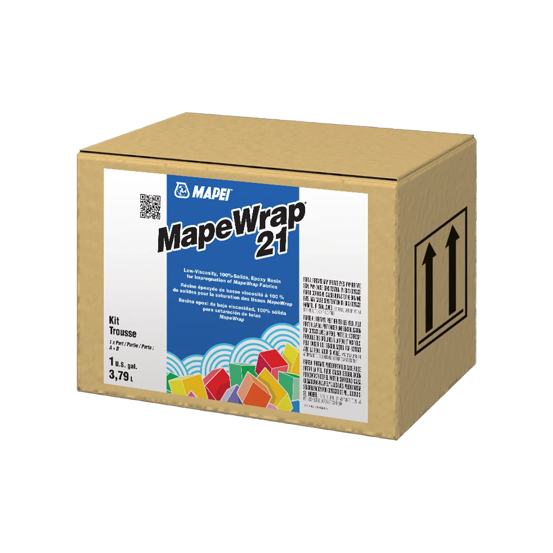 Mapei MapeWrap 21 – low-viscosity, 100%-solids epoxy resin for encapsulating carbon and glass fibre MapeWrap fabrics in structural reinforcement.