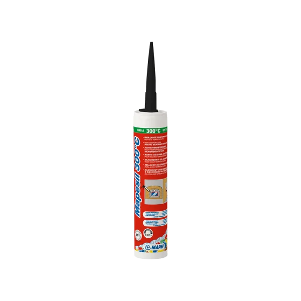 "MAPESIL 300°C acetic silicone sealant for high temperatures, black sealant for ovens, chimneys, flues, and heating systems, resistant up to 300°C."