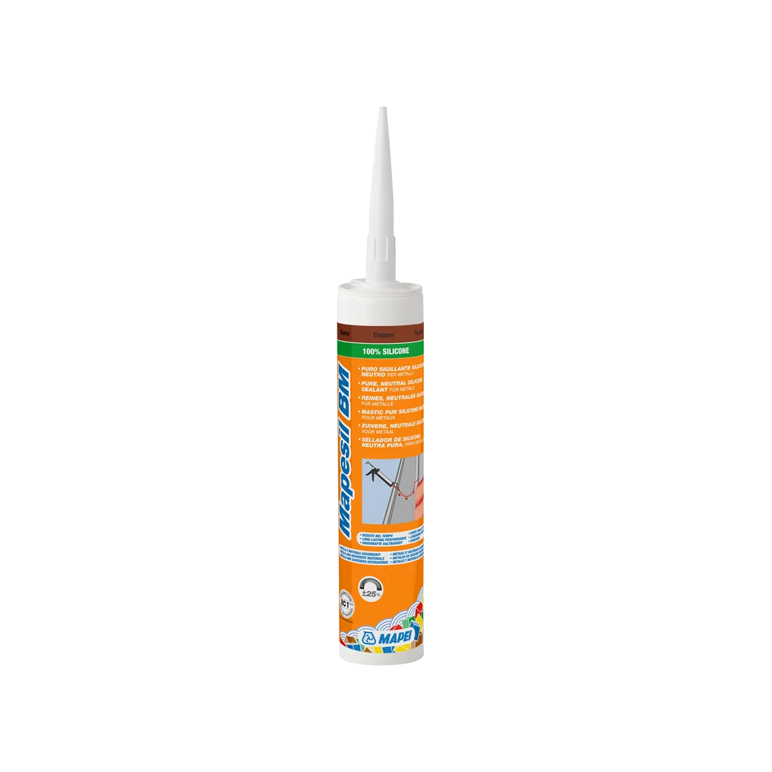 "MAPESIL BM neutral silicone sealant for metalwork, accommodating up to 25% movement, EC1 Plus low emission certified, available in multiple colours."