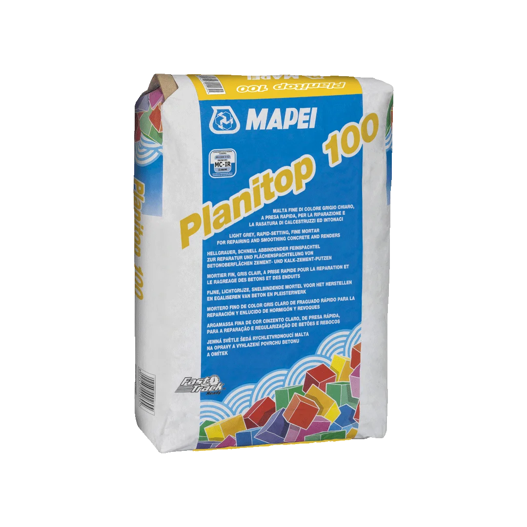 Mapei Planitop 100 25kg Bag, a quick-setting fine mortar for repairing and smoothing concrete and render surfaces, ideal for small repairs and surface finishing.