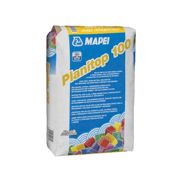 Mapei Planitop 100 25kg Bag, a quick-setting fine mortar for repairing and smoothing concrete and render surfaces, ideal for small repairs and surface finishing.