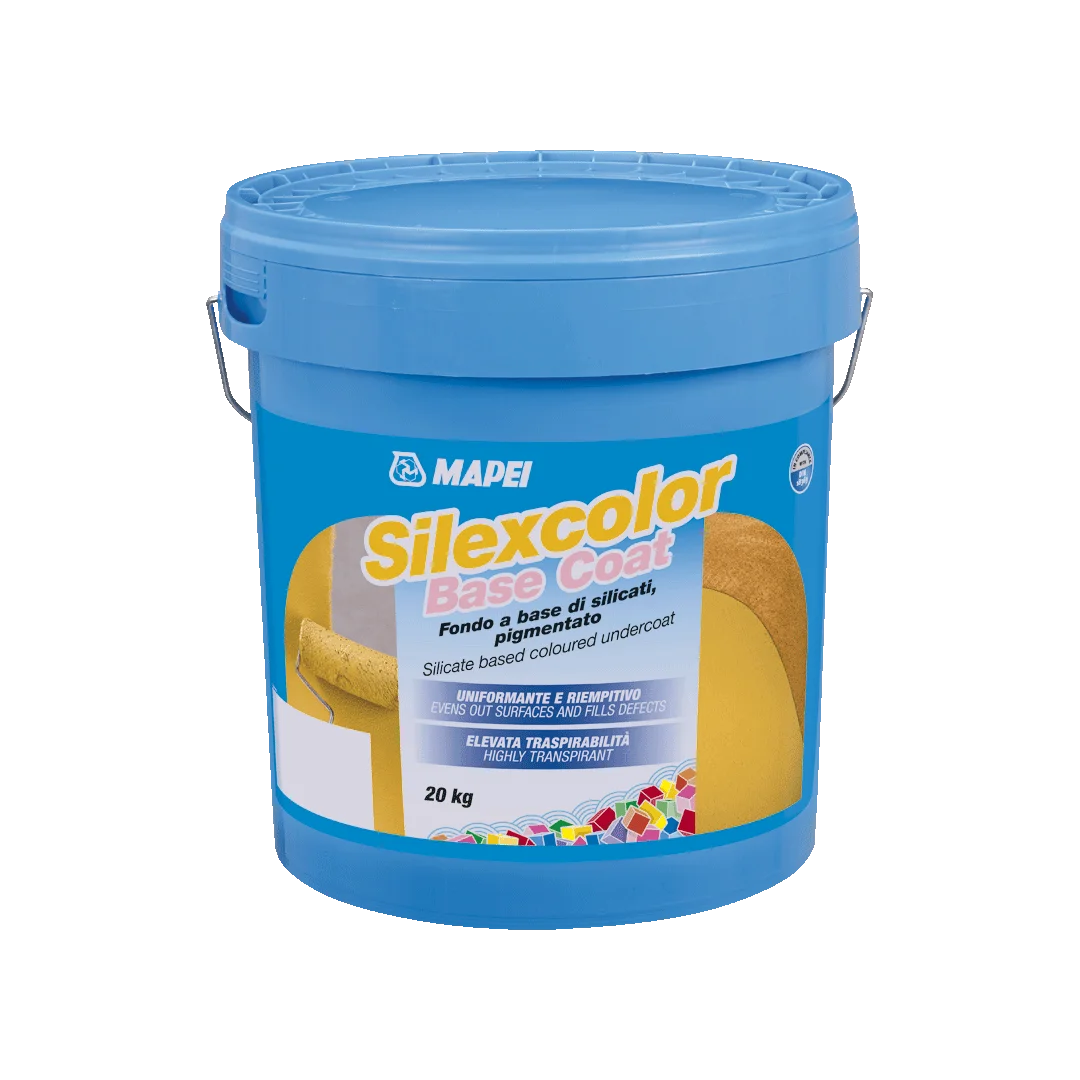 "SILEXCOLOR BASE COAT coloured silicate undercoat with smooth finish and good filling properties for both internal and external surfaces, providing breathable protection."