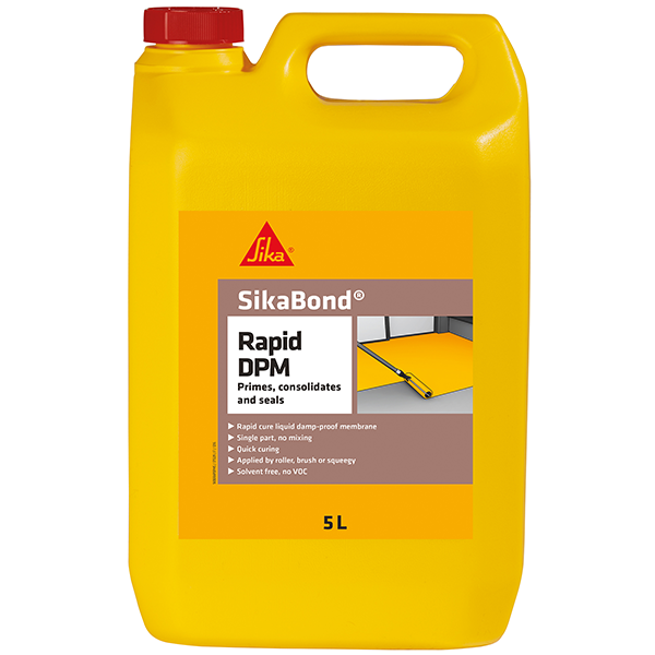 SikaBond Rapid DPM 5L moisture curing polyurethane damp proof membrane for subfloor sealing and flooring preparation.