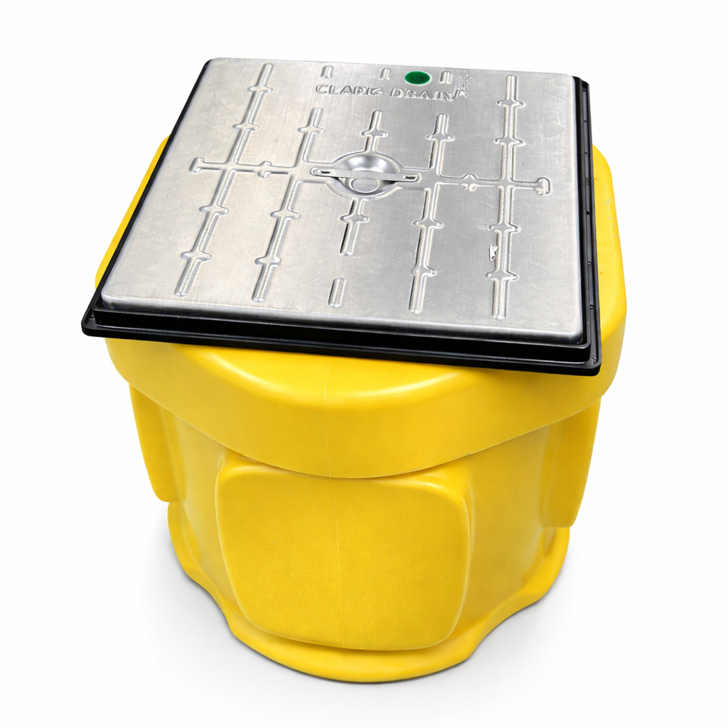 Sumpflo sump pump kit with sealed lid, submersible sump pump, PVC fittings, float switch, and water alarm on white background.