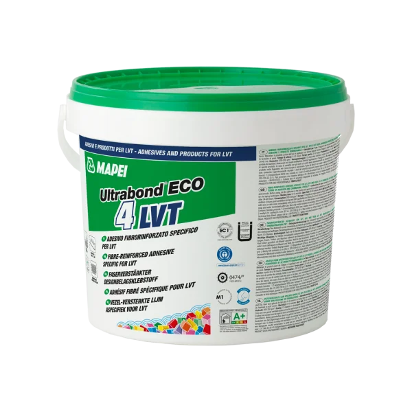 Mapei Ultrabond ECO 4 LVT adhesive in a white plastic tub with green lid, labeled for fibre-reinforced LVT flooring installations.