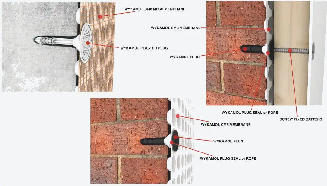 Wykamol CM8 and CM8 Mesh Membrane Fixing Plugs for Brick and plaster including Plug Seal and Rope