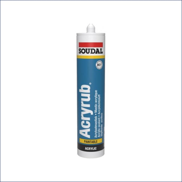 Acrylic sealant Acryrub is a superior quality acrylic polymer based sealant and filler. Solvent free and virtually odourless, it has very good adhesion on most porous surfaces. Once cured it is fully paintable, as well as both colourfast and waterproof. Due to its unique composition, it heavily reduces any risk of cracking.