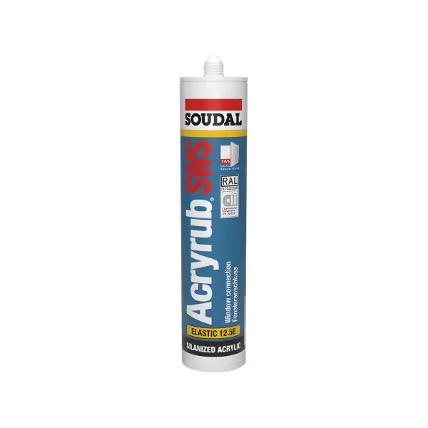 White Soudal Acryrub SWS sealant tube featuring red and blue labeling