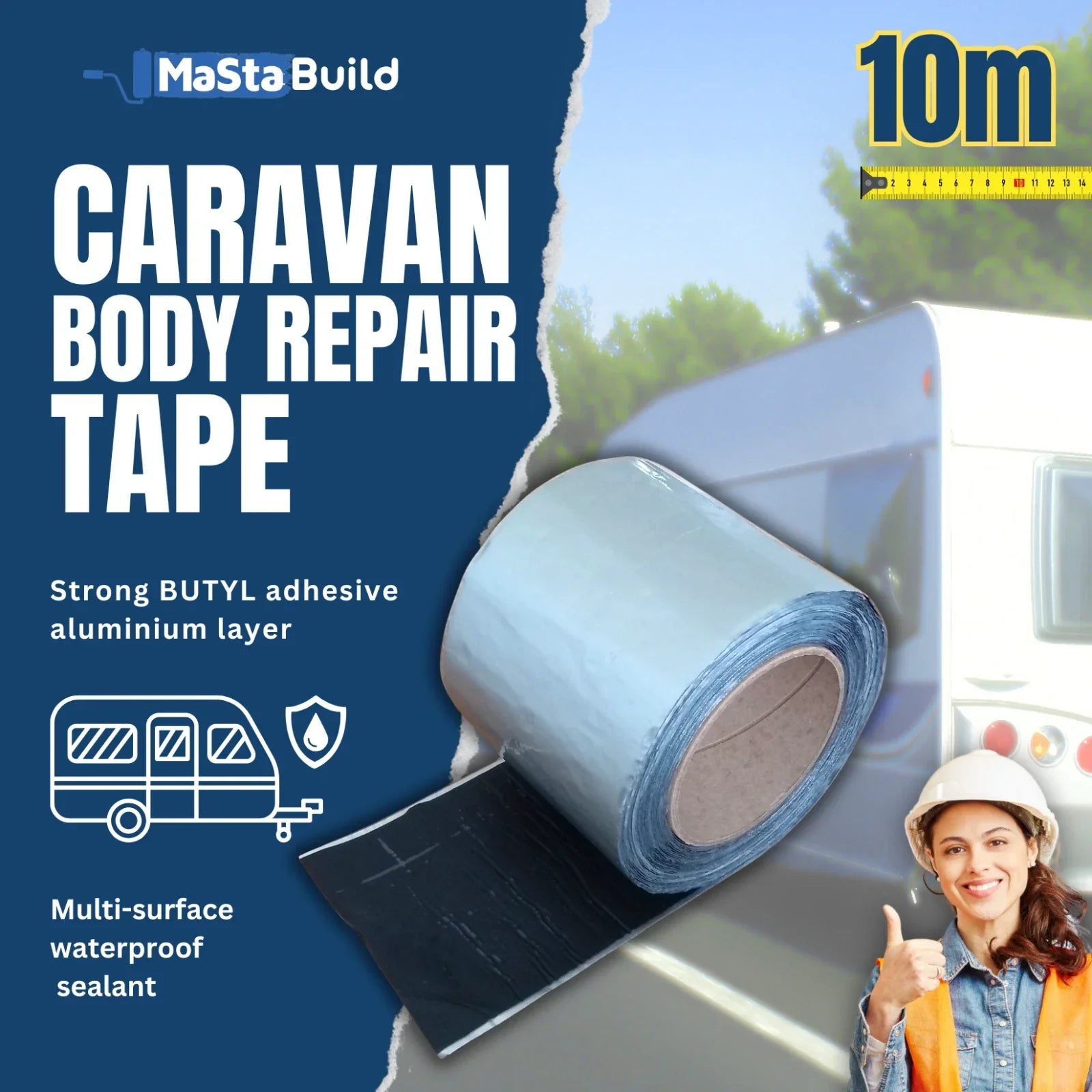10m flashing tape, aluminium flashing tape, aqua build, butyl tape, caravan repair tape