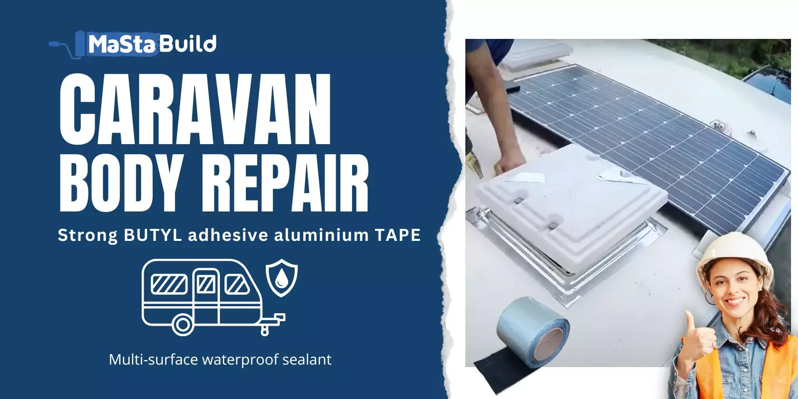 20m flashing tape, aluminium reinforced tape, aqua build, butyl tape, caravan repair tape