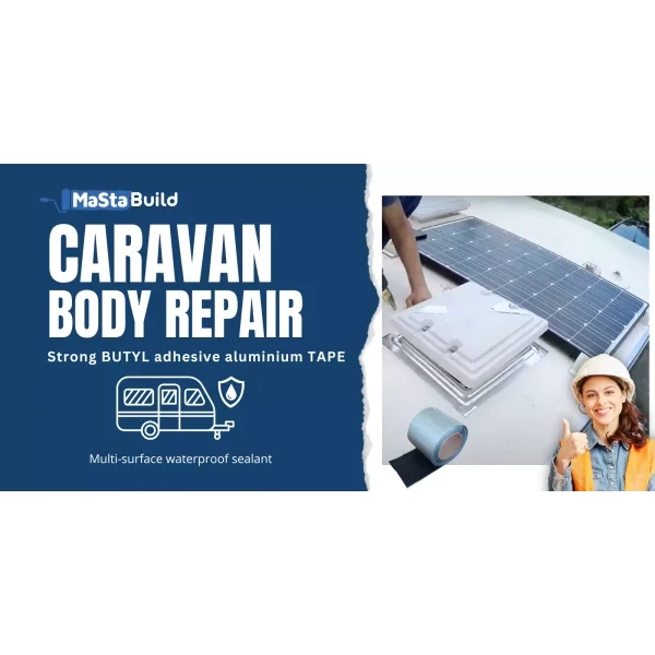 20m flashing tape, aluminium reinforced tape, aqua build, butyl tape, caravan repair tape