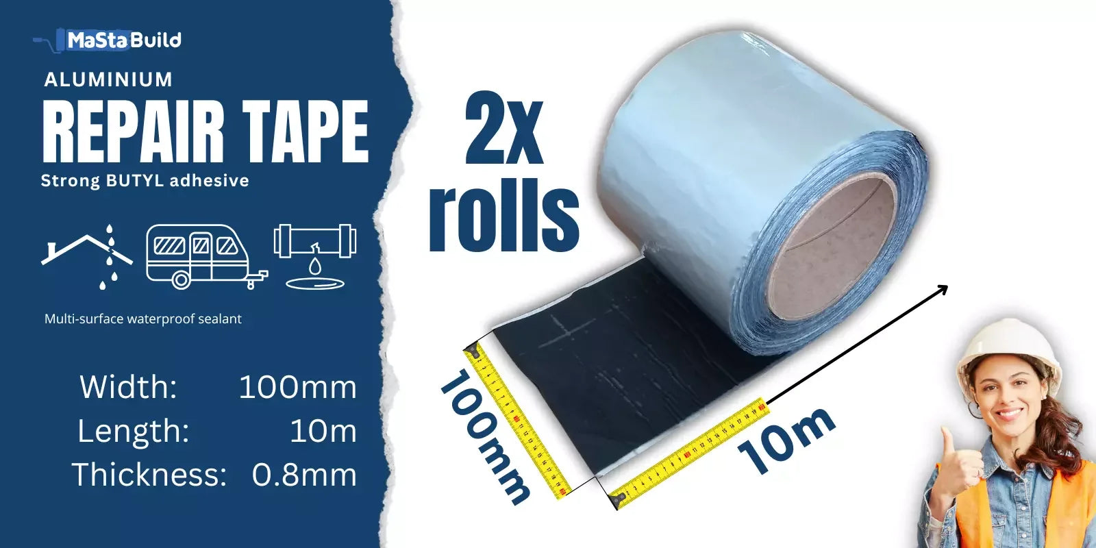 20m flashing tape, aluminium reinforced tape, aqua build, butyl tape, caravan repair tape