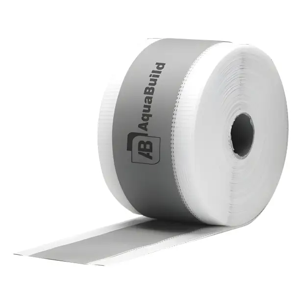 Roll of Aqua Build Fleece-backed Waterproof Tanking Tape with gray band and AquaBand branding