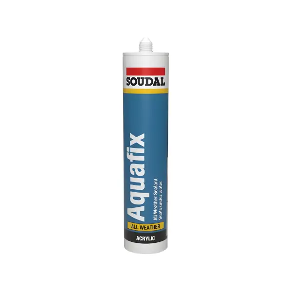 Soudal Aquafix sealant cartridge in blue and red packaging for effective sealing