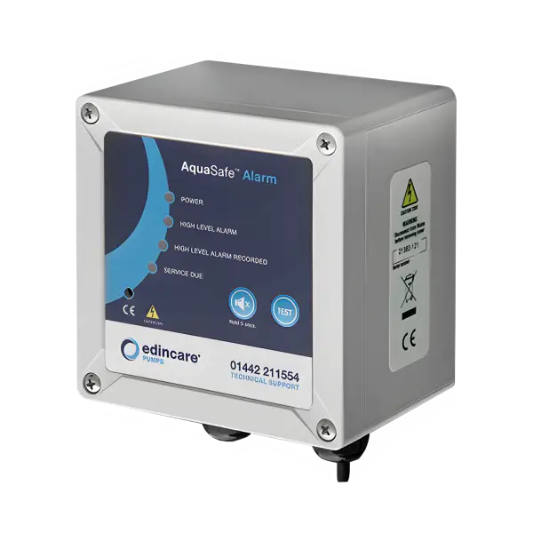 AquaSafe High Level Water Alarm with a blue and gray control panel interface