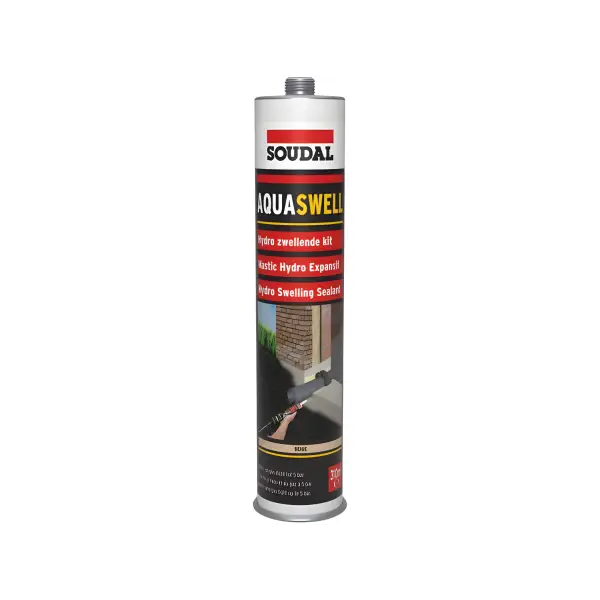 Soudal Aquaswell sealant cartridge in gray and red packaging for effective sealing solutions