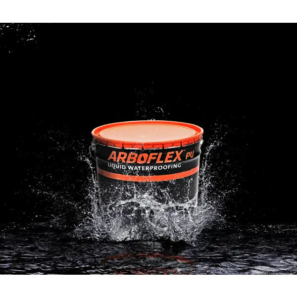 Black bucket with orange lid splashing water in Arboflex Roof Kit 2 product display