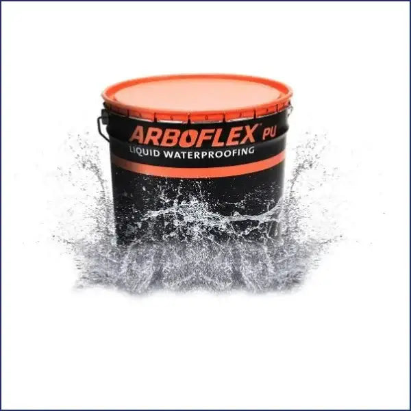 Black container with orange lid labeled Arboflex PU Liquid Waterproofing amid water splashes