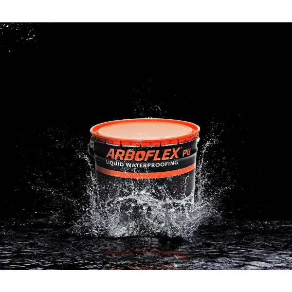 Black bucket with orange lid splashing water in Arboflex Roof Kit 2 product display