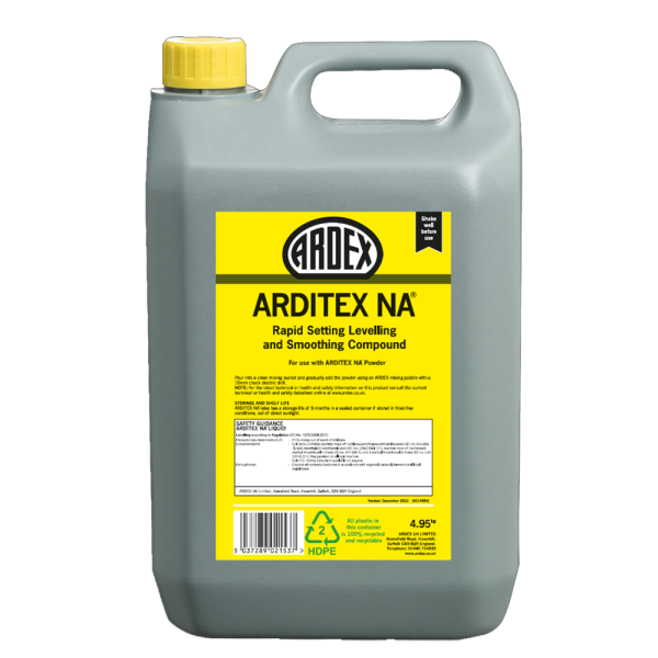 Gray plastic container of Arditex NA Latex 4.85KG with yellow label